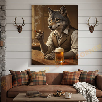 Joycorners Wolf Gentleman Smoking Cigar and Drinking Beer in Rustic Bar Wrapped Canvas Wall Art