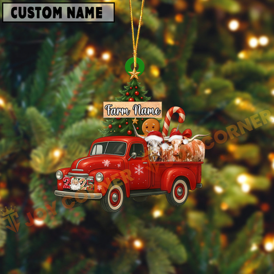 Joycorners Personalized Texas Long Horn Ornament – Red Christmas Truck & Farm Name Custom Shape Acrylic Ornament
