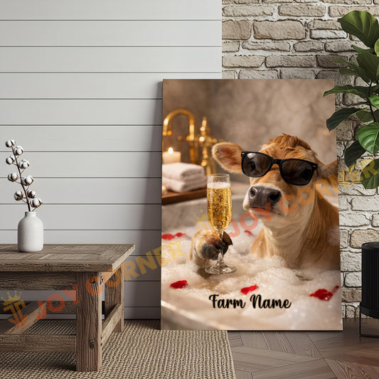 Joycorners Cattle Cow Funny Jersey Cow Taking Bubble Bath With Champagne Personalized Name Canvas