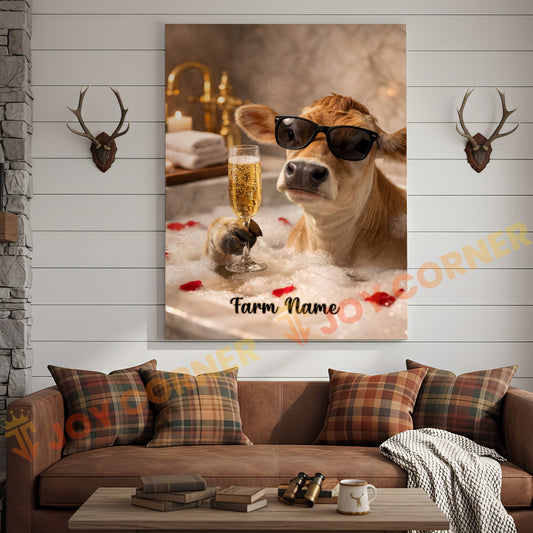 Joycorners Cattle Cow Funny Jersey Cow Taking Bubble Bath With Champagne Personalized Name Canvas