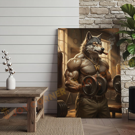 Joycorners Muscular Wolf Bodybuilder Lifting Dumbbells in Vintage Gym with Smoke and Light Beams Wrapped Canvas Wall Art