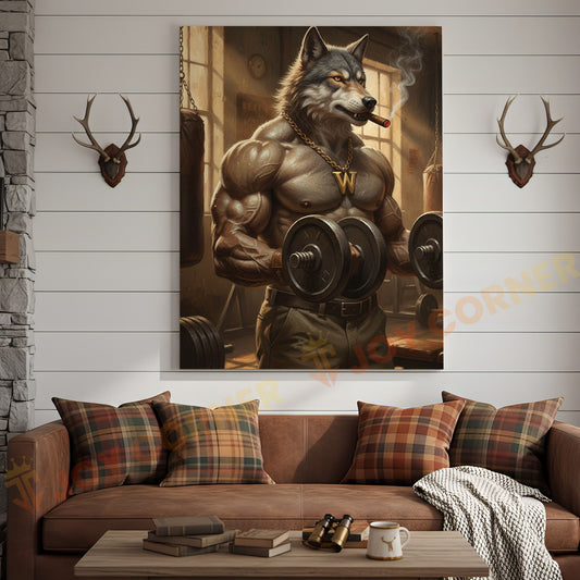 Joycorners Muscular Wolf Bodybuilder Lifting Dumbbells in Vintage Gym with Smoke and Light Beams Wrapped Canvas Wall Art