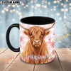 Joycorners Highland Cow Pink Plaid Flowers Custom Name Mug