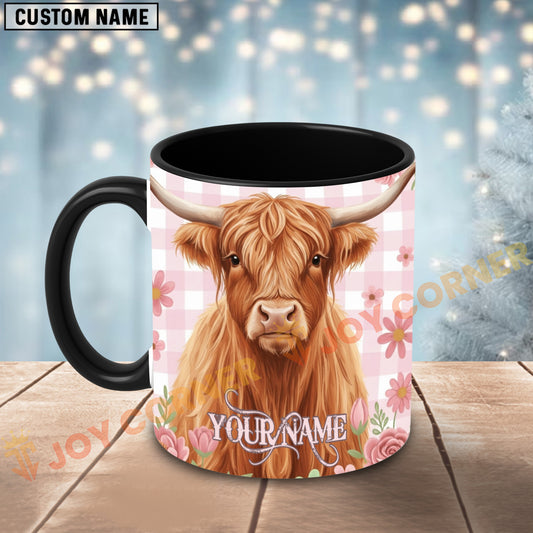 Joycorners Highland Cow Pink Plaid Flowers Custom Name Mug