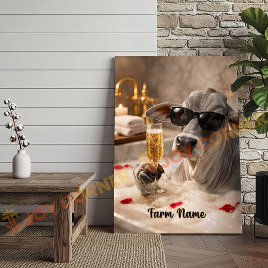 Joycorners Cattle Cow Funny Brahman Cow Taking Bubble Bath With Champagne Personalized Name Canvas