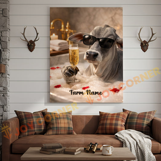 Joycorners Cattle Cow Funny Brahman Cow Taking Bubble Bath With Champagne Personalized Name Canvas