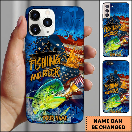 Joycorners Mahi-mahi Fishing Phone Case Fishing And Beer American Flag Personalized Name 3D Phone Case