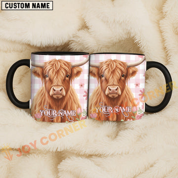Joycorners Highland Cow Pink Plaid Flowers Custom Name Mug