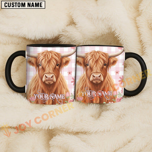 Joycorners Highland Cow Pink Plaid Flowers Custom Name Mug