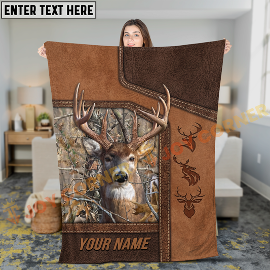 Joycorners Rustic Leather Whitetail Deer Hunting Personalized 3D Blanket