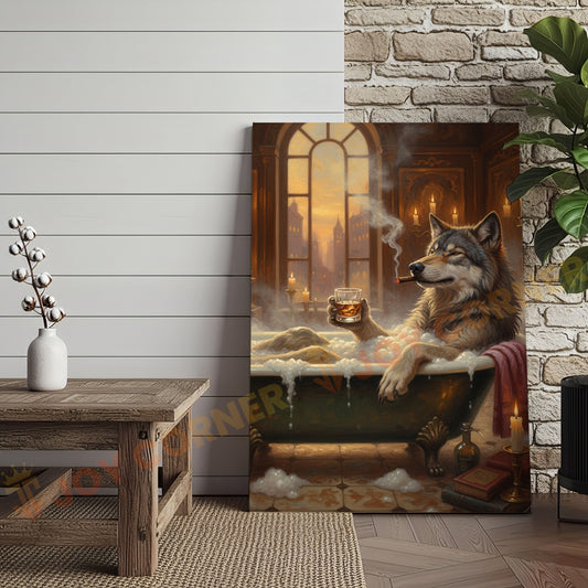 Joycorners Relaxed Wolf in Luxury Bathtub with Whiskey and Cigar at Golden Sunset Wrapped Canvas Wall Art