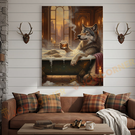 Joycorners Relaxed Wolf in Luxury Bathtub with Whiskey and Cigar at Golden Sunset Wrapped Canvas Wall Art