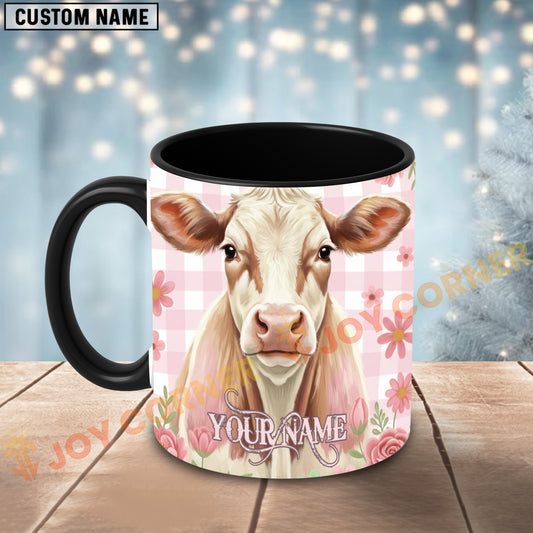 Joycorners White Charolais Pink Plaid Flowers Personalized Mug