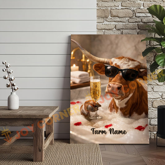 Joycorners Cattle Cow Funny Texas Longhorn Taking Bubble Bath With Champagne Personalized Name Canvas