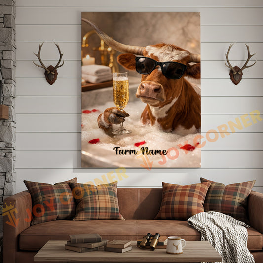 Joycorners Cattle Cow Funny Texas Longhorn Taking Bubble Bath With Champagne Personalized Name Canvas