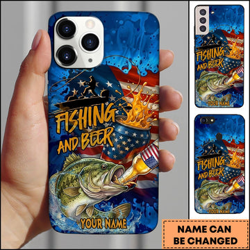 Joycorners Bass Fishing Phone Case Fishing And Beer American Flag Personalized Name 3D Phone Case