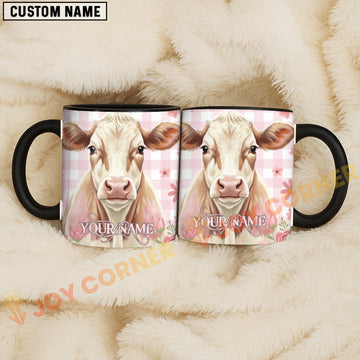 Joycorners White Charolais Pink Plaid Flowers Personalized Mug