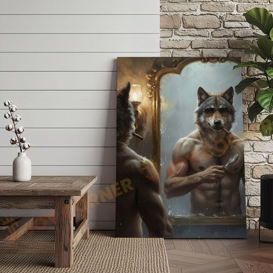 Joycorners Wolf Grooming in Mirror with Gold Chain and Sunglasses Wrapped Canvas Wall Art