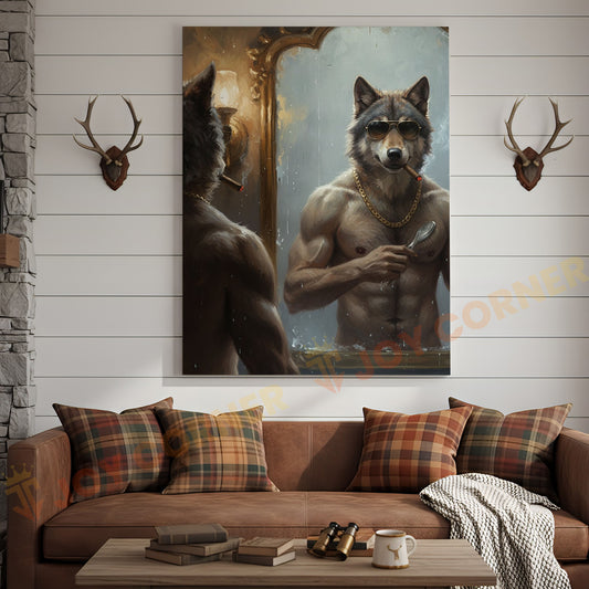 Joycorners Wolf Grooming in Mirror with Gold Chain and Sunglasses Wrapped Canvas Wall Art