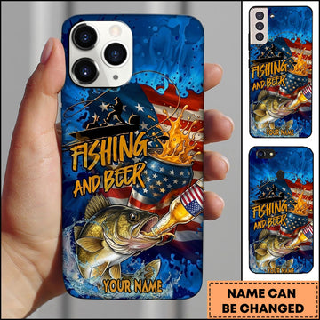 Joycorners Walleye Fishing Phone Case Fishing And Beer American Flag Personalized Name 3D Phone Case