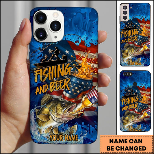 Joycorners Walleye Fishing Phone Case Fishing And Beer American Flag Personalized Name 3D Phone Case