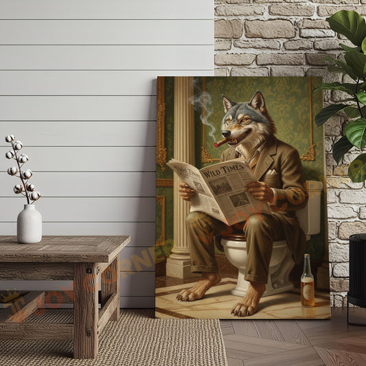 Joycorners Wolf Reading Newspaper on Toilet with Cigar and Beer “Wild Times” Wrapped Canvas Wall Art