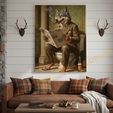 Joycorners Wolf Reading Newspaper on Toilet with Cigar and Beer “Wild Times” Wrapped Canvas Wall Art