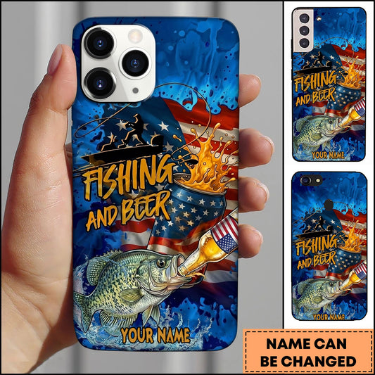 Joycorners Crappie Fishing Phone Case Fishing And Beer American Flag Personalized Name 3D Phone Case