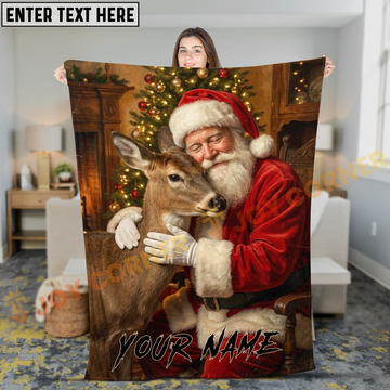 Joycorners Whimsical Santa Claus Hugging Whitetail Deer Christmas Tree Personalized 3D Blanket