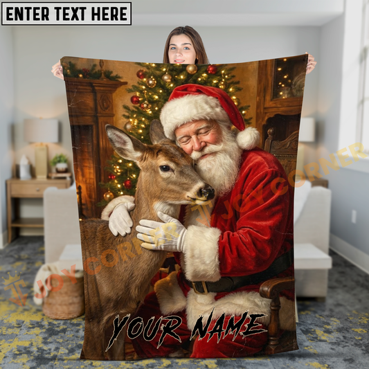 Joycorners Whimsical Santa Claus Hugging Whitetail Deer Christmas Tree Personalized 3D Blanket