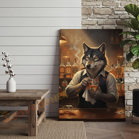 Joycorners Wolf Bartender Mixing Whiskey Cocktails in Cozy Vintage Bar Wrapped Canvas Wall Art