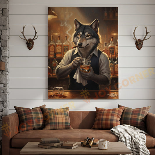 Joycorners Wolf Bartender Mixing Whiskey Cocktails in Cozy Vintage Bar Wrapped Canvas Wall Art