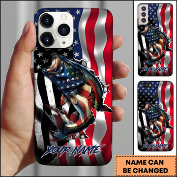 Joycorners Bass Fishing Phone Case Patriotic Style Personalized Name Phone Case