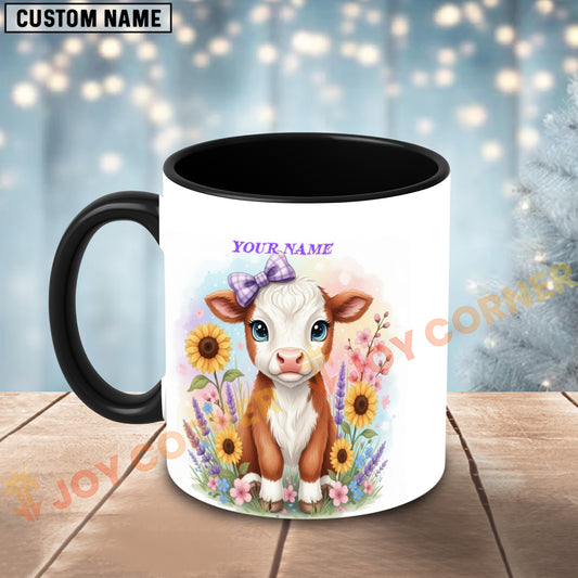 Joycorners Brown and White Hereford Cow Purple Bow Sunflower Personalized Mug
