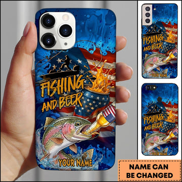 Joycorners Trout Fishing Phone Case Fishing And Beer American Flag Personalized Name 3D Phone Case