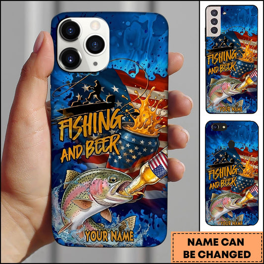 Joycorners Trout Fishing Phone Case Fishing And Beer American Flag Personalized Name 3D Phone Case