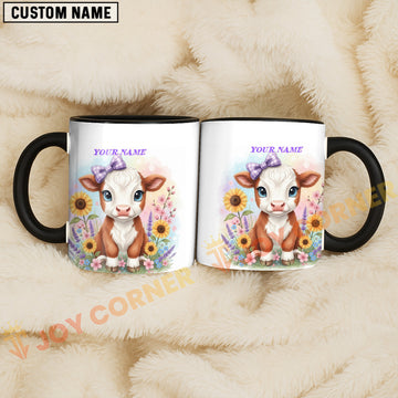 Joycorners Brown and White Hereford Cow Purple Bow Sunflower Personalized Mug