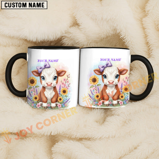 Joycorners Brown and White Hereford Cow Purple Bow Sunflower Personalized Mug