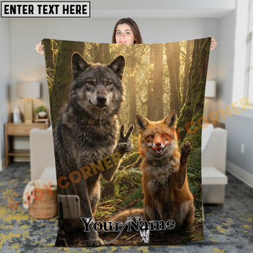 Joycorners Wolf and Fox Waving Selfie in Woods Personalized 3D Blanket