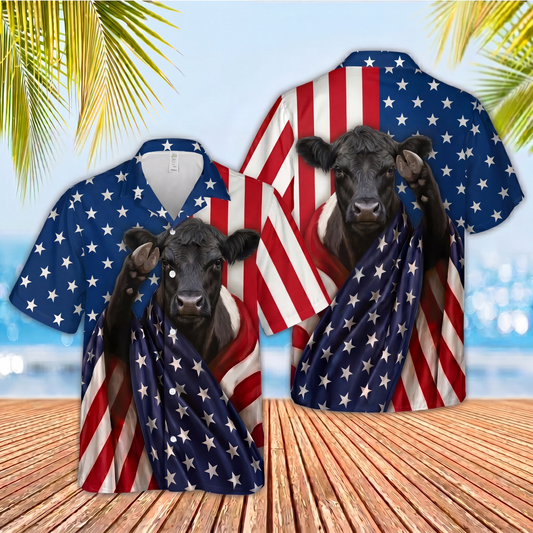 Joycorners Patriotic Cows Wrapped In American Flag 3D Hawaiian Shirt (10 Breeds)