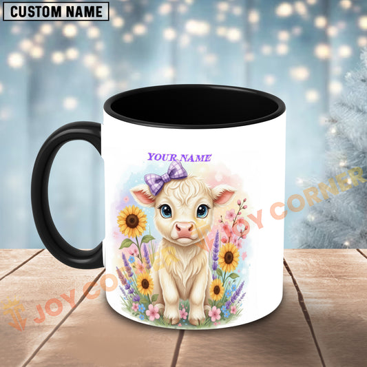 Joycorners White Charolais Cow Purple Bow Sunflower Custom Name Mug