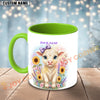 Joycorners White Charolais Cow Purple Bow Sunflower Custom Name Mug