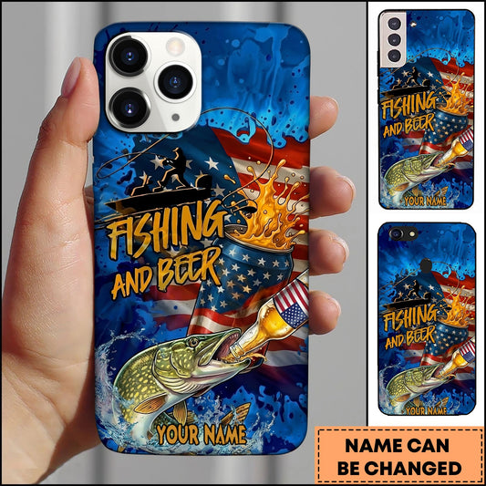 Joycorners Pike Fishing Phone Case Fishing And Beer American Flag Personalized Name 3D Phone Case