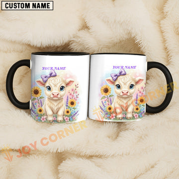 Joycorners White Charolais Cow Purple Bow Sunflower Custom Name Mug