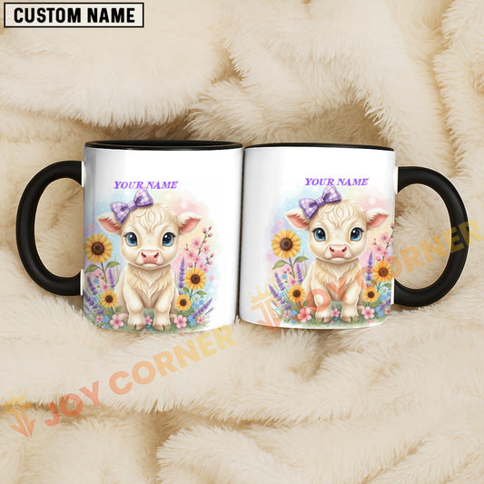 Joycorners White Charolais Cow Purple Bow Sunflower Custom Name Mug
