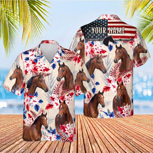 Joycorners Morgan Horse Custom Name US Flag Vintage Red Floral 3D Hawaiian Shirt