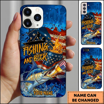 Joycorners Marlin Fishing Phone Case Fishing And Beer American Flag Personalized Name 3D Phone Case