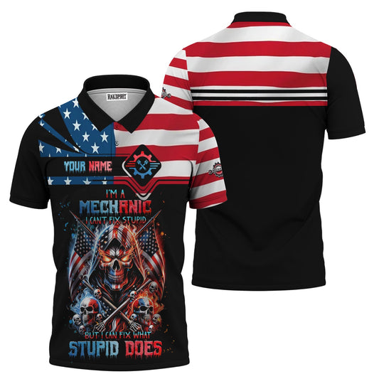 Joycorners Custom Mechanic Shirt, Fix Stupid Design, Personalized Name, American Flag Skull Graphic, Funny Mechanic T-shirt for Men & Women PT2609