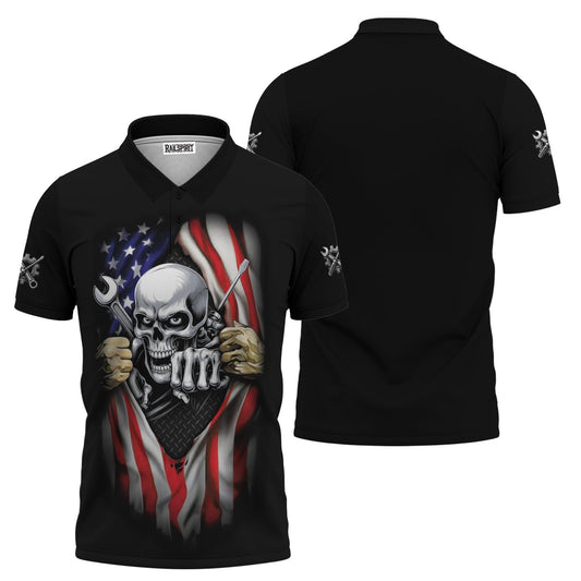 Joycorners Skull Wrench T-Shirt, American Flag Design, Mechanic, Worker Gift, Unique Skull Graphic Tee for Men, Customizable Apparel, Cool Work Shirt PT2609