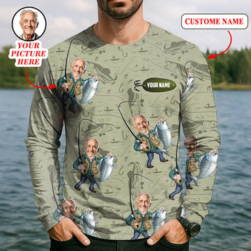 Joycorners Funny Caricature Face Fishing Shirt, Funny Fishing Shirt, SPF Shirt, Fisherman Outfit, Mens Casual Shirts